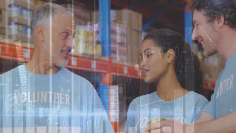 Statistical-data-processing-over-diverse-male-and-female-volunteers-checking-donations-at-warehouse