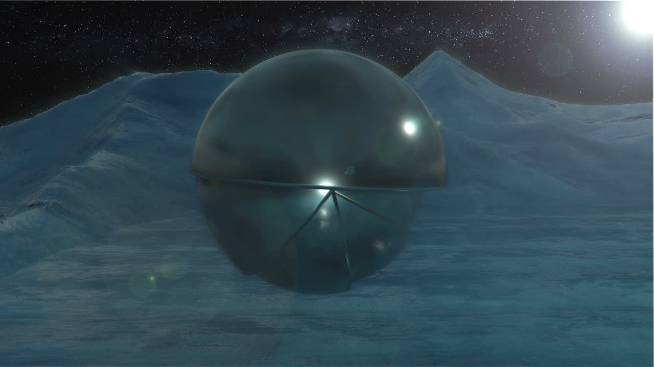 Futuristic robot on an alien planet in the galaxy. Concept of alien technology.