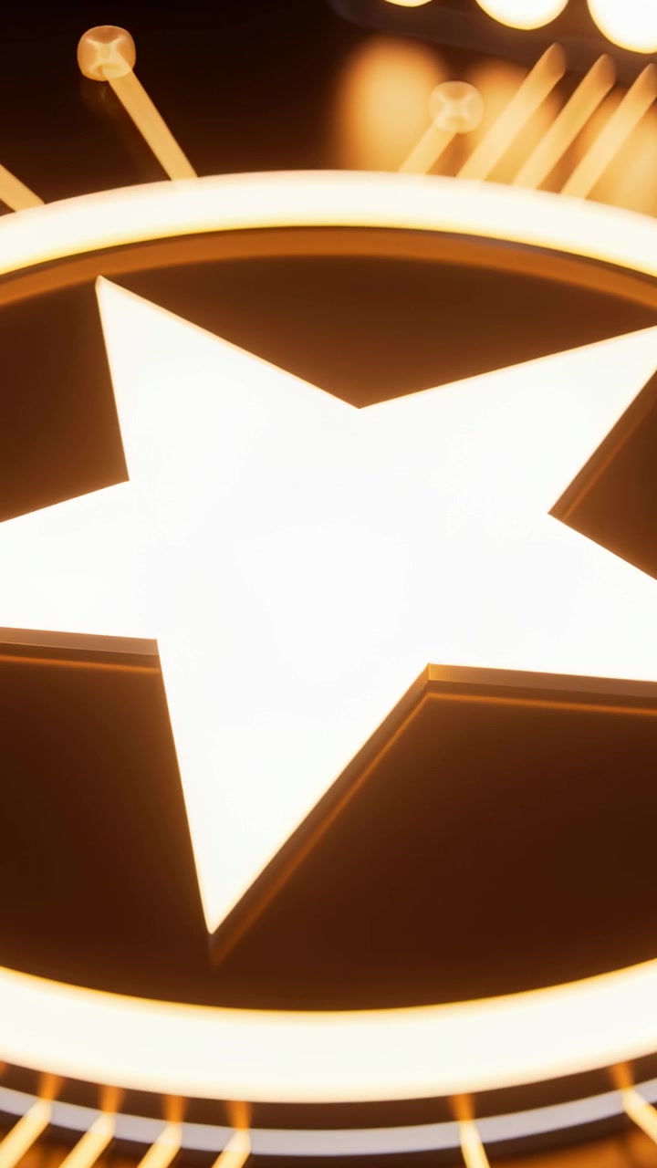 Video verticale: Emblema luminoso a stella a cinque punte in un set allestito, la telecamera si sposta verso l'alto per rivelare le punte delle aste.
