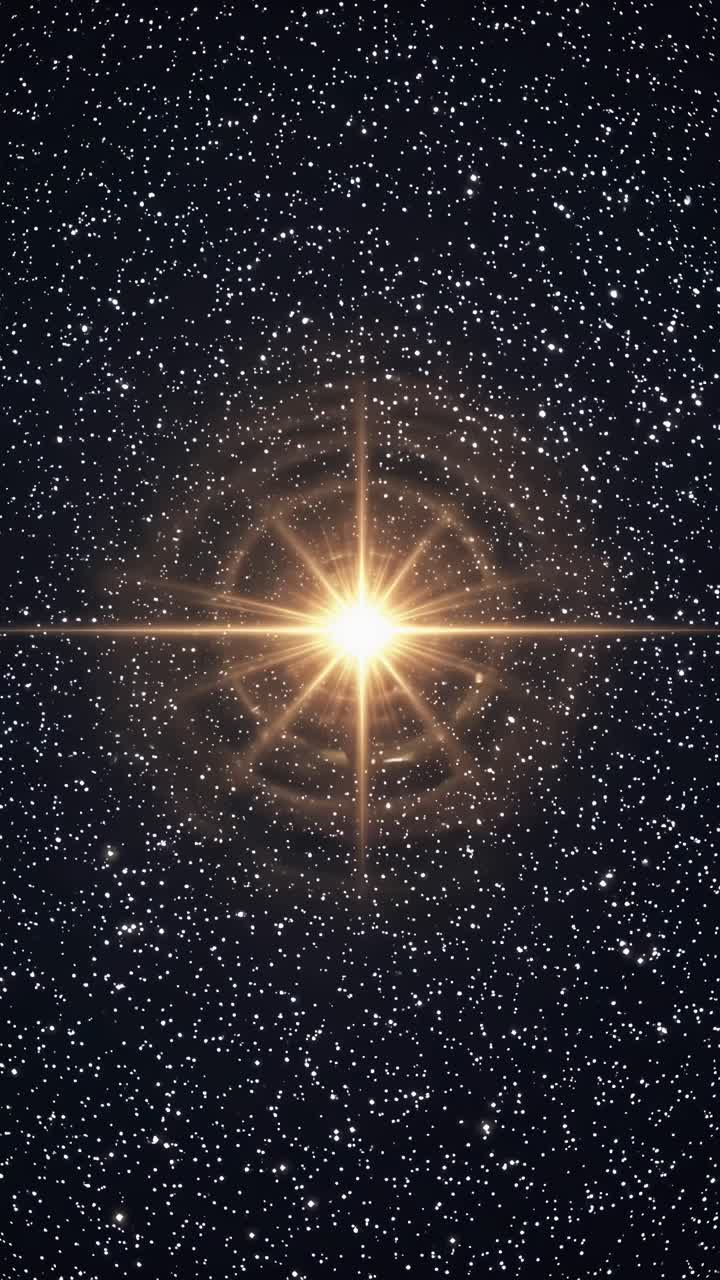 A cosmic video concept with a radiant starburst at the center, surrounded by a starry sky