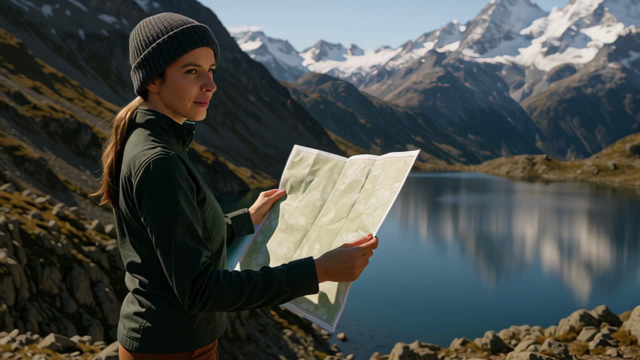 Outdoor travel footage of a woman hiker holding a paper map near a calm alpine lake, surrounded by rugged mountains and snowcapped peaks on a clear day