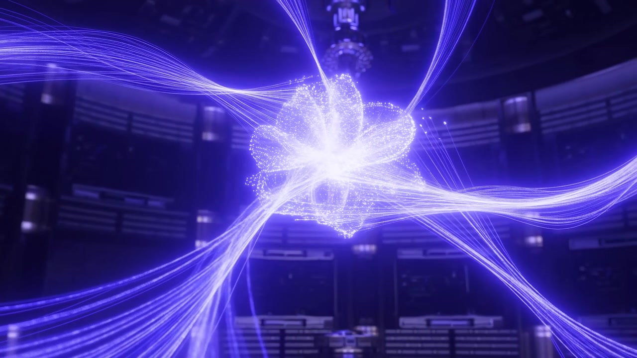 Bright purple light streaks sweep through dark futuristic chamber with curved metallic walls, vertical columns, layered panels, and glossy reflections, forming intense abstract energy core