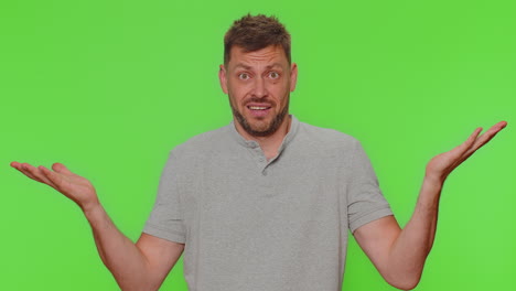 handsome irritated man raising hands in indignant expression, asking why, what reason of failure