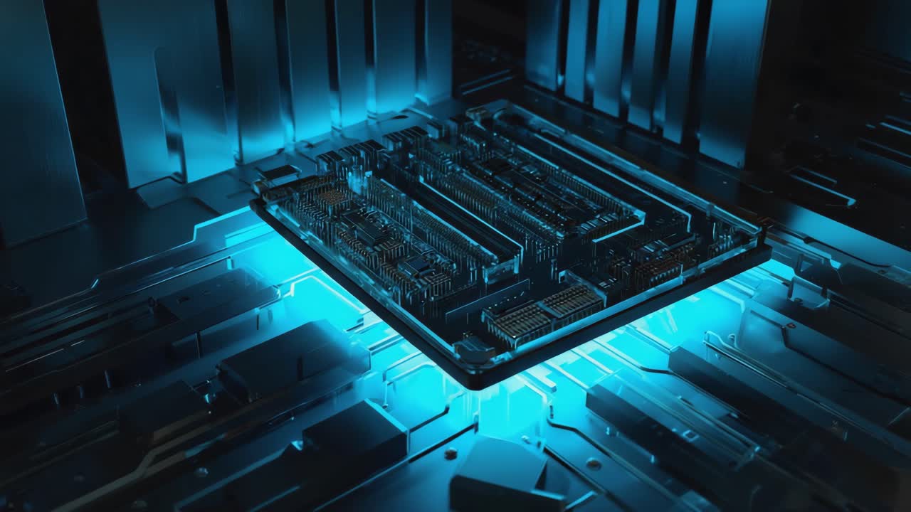 Abstract View of a Blue-Lit Electronic Circuit Board