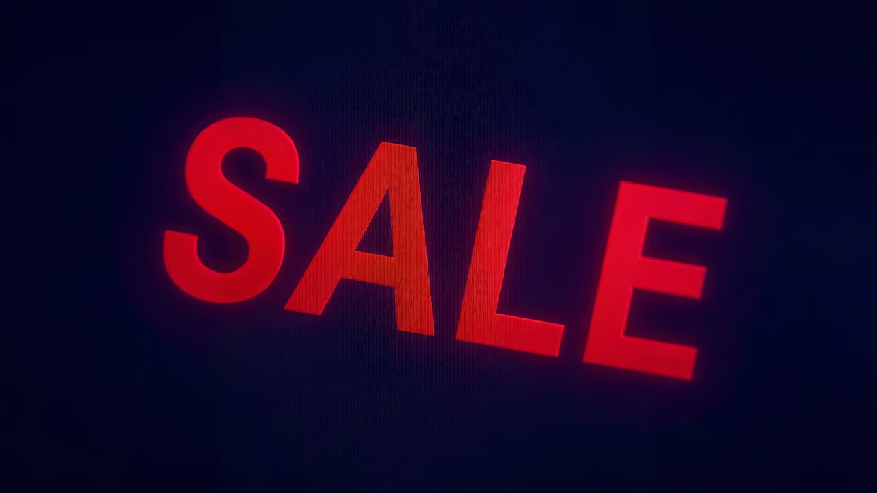Animating bold red SALE pulsing on display, navy backdrop shifting light streaks at start promoting