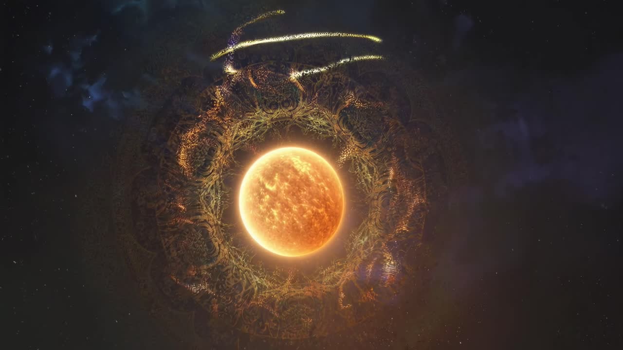 Aerial view of a glowing sun with intricate patterns, resembling a cosmic mandala in a video