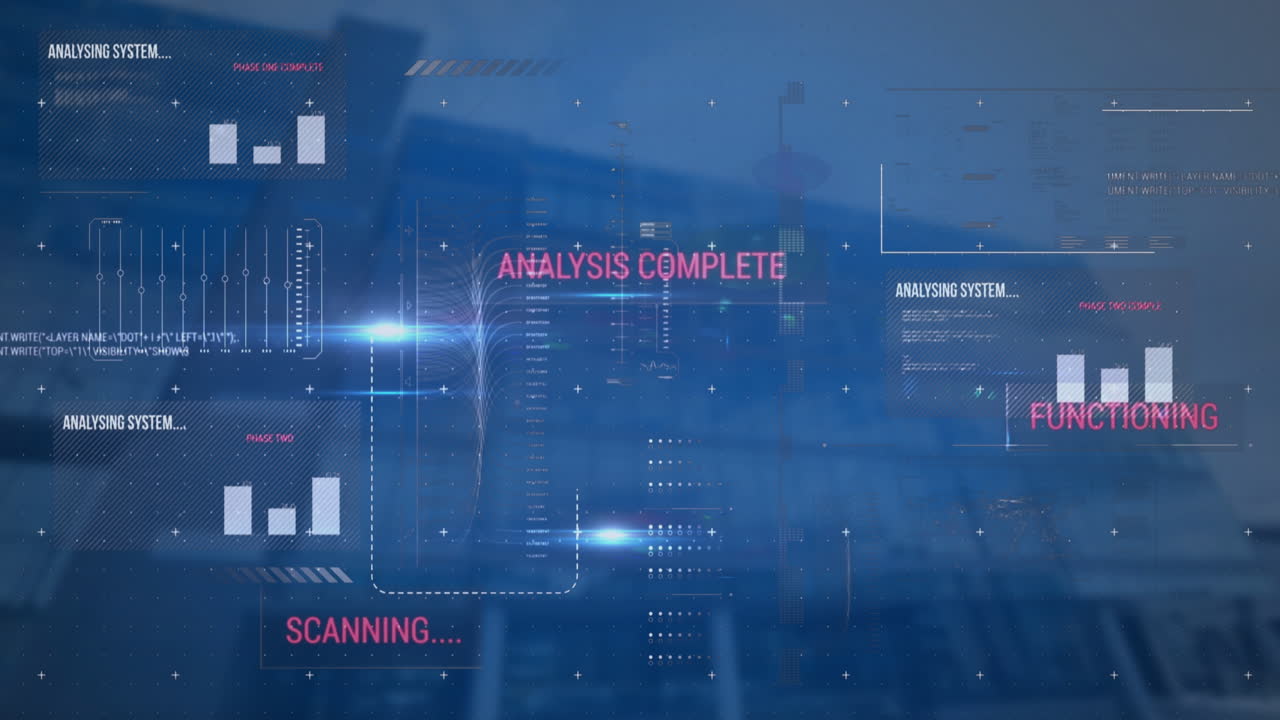 Animation of texts, graphs, moving lines and computer language over modern buildings against sky