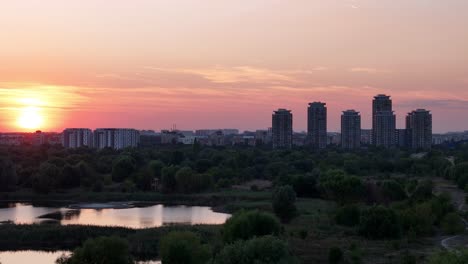 side movement drone view over vacaresti delta at sunset, bucharest, romania