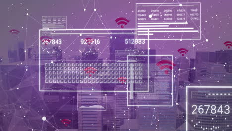 Animación-De-Datos-Digitales-Y-Conexiones-De-Red-Sobre-Un-Fondo-De-Paisaje-Urbano