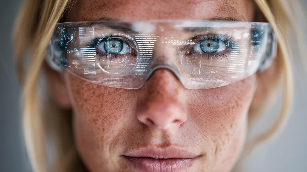 A Close-Up Look at a Woman Wearing Futuristic Smart Glasses with Digital Displays, Highlighting Advanced Technology and Modern Innovation in Augmented Reality