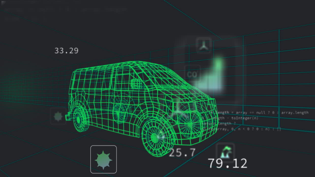 animación del procesamiento de datos y el escaneo sobre el dibujo del coche girando sobre fondo negro