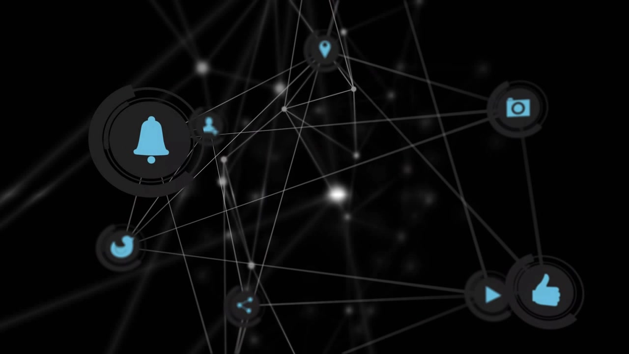3D network rotating as virtual camera gliding, social UI icons pulsing to highlight functions