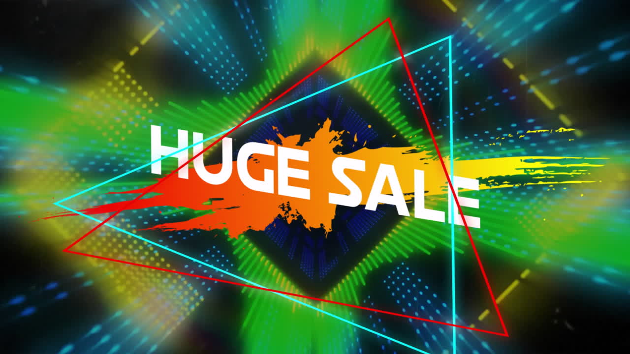 화려한 기하학적 모양과 조명 패턴에 대한 거대한 텍스트 애니메이션 판매