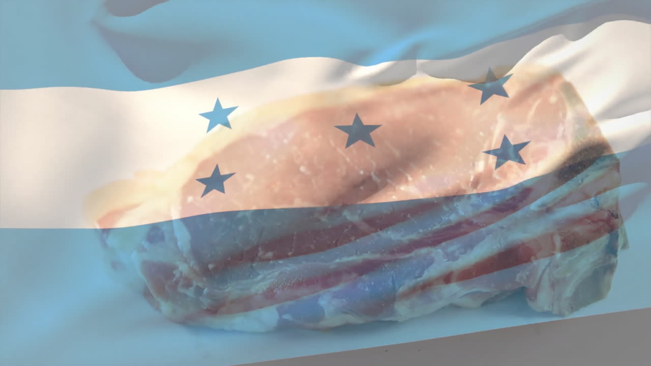 Overlaying Honduran flag on raw meat, creating animation with culinary theme