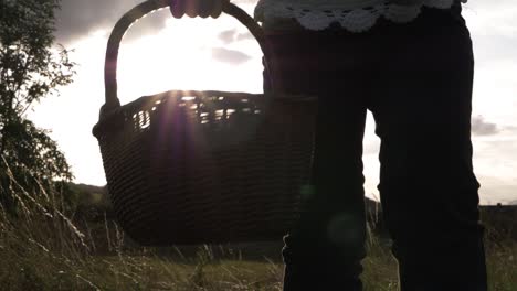 Mujer-Sosteniendo-Una-Canasta-Con-Puesta-De-Sol-En-El-Plano-Medio-De-Fondo