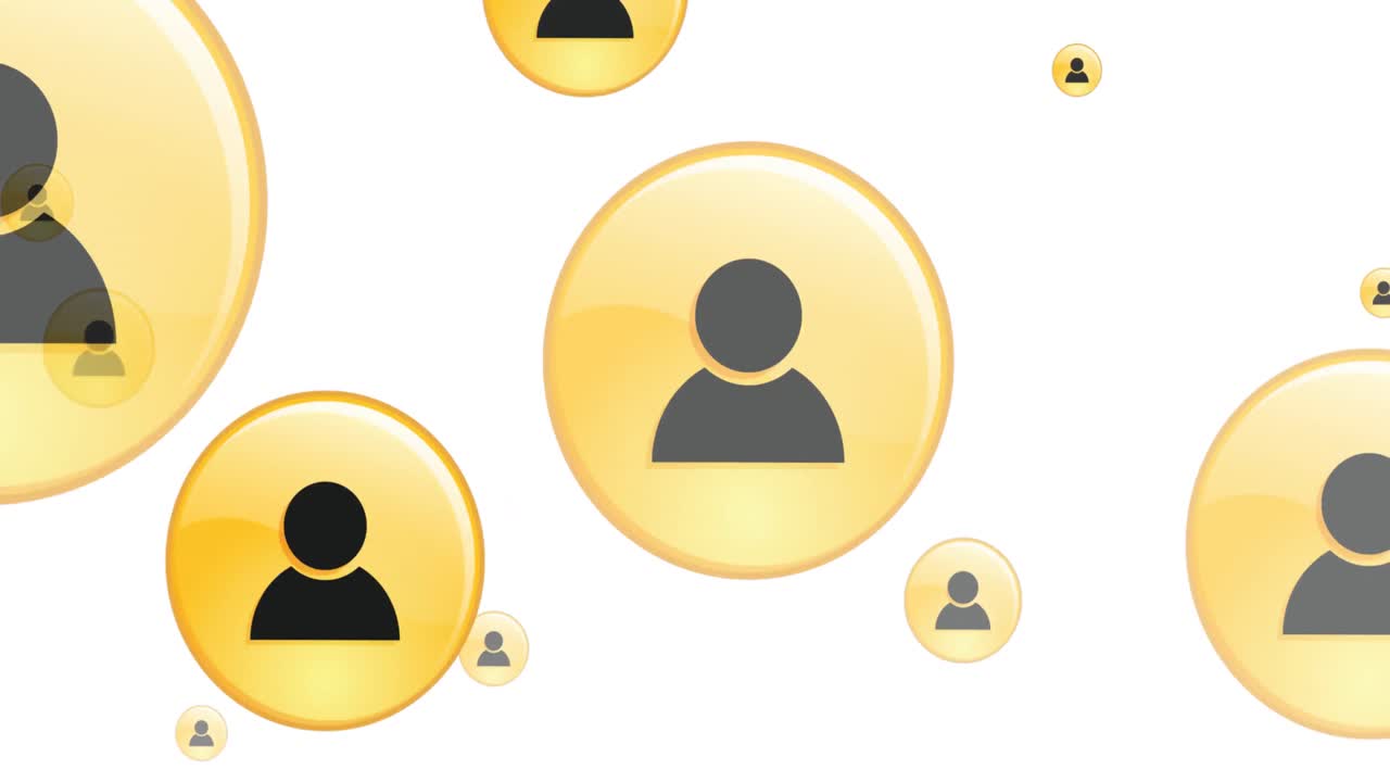 노란색 디지털 사람 아이콘의 애니메이션이 색 배경에 날아갑니다.