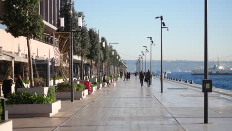 people walking along a waterfront in a city