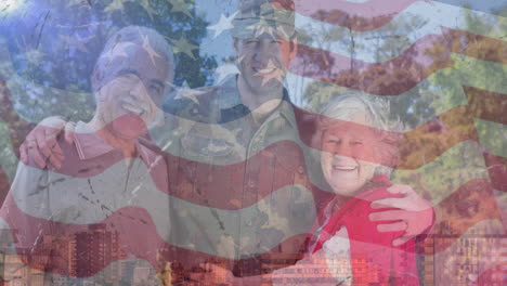 animation of male soldier embracing smiling parents moving over american flag