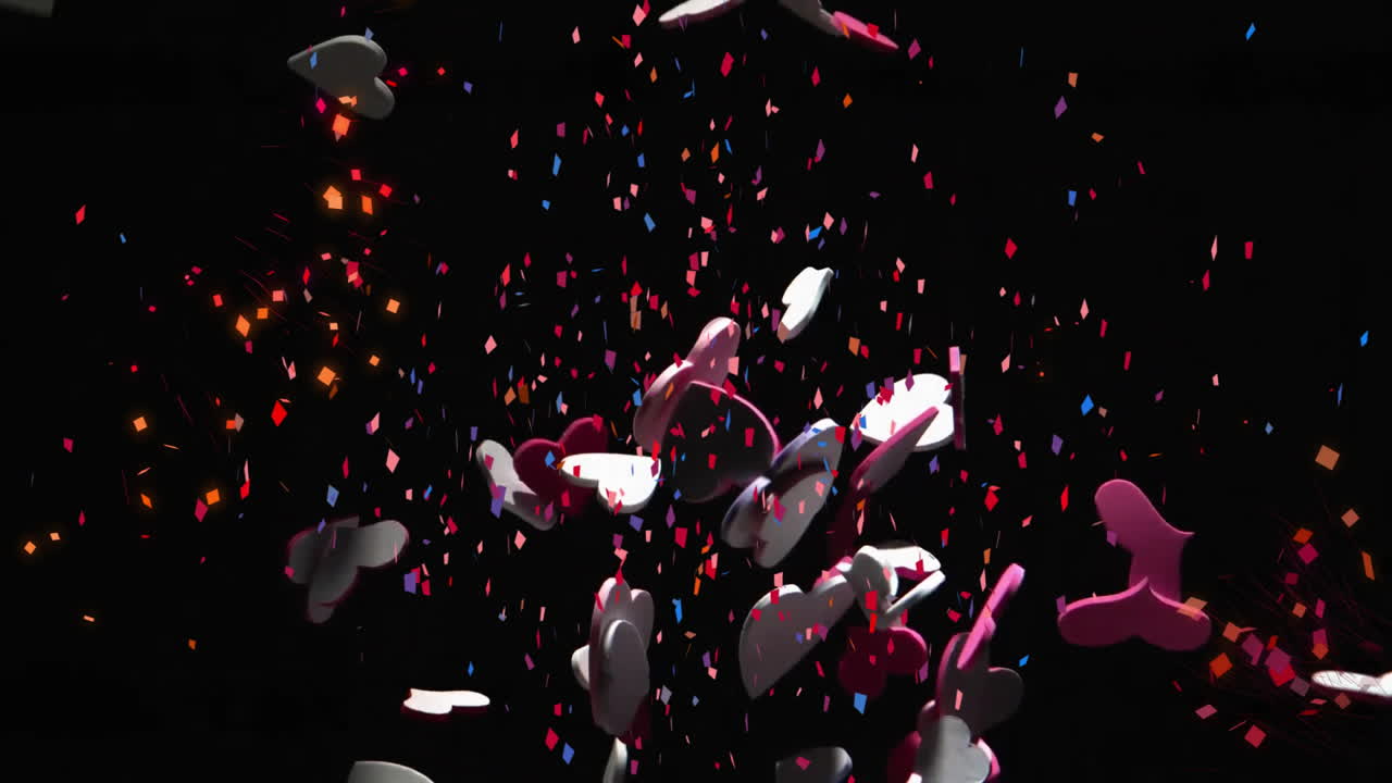 confeti colorido y formas abstractas flotando en la animación del espacio oscuro