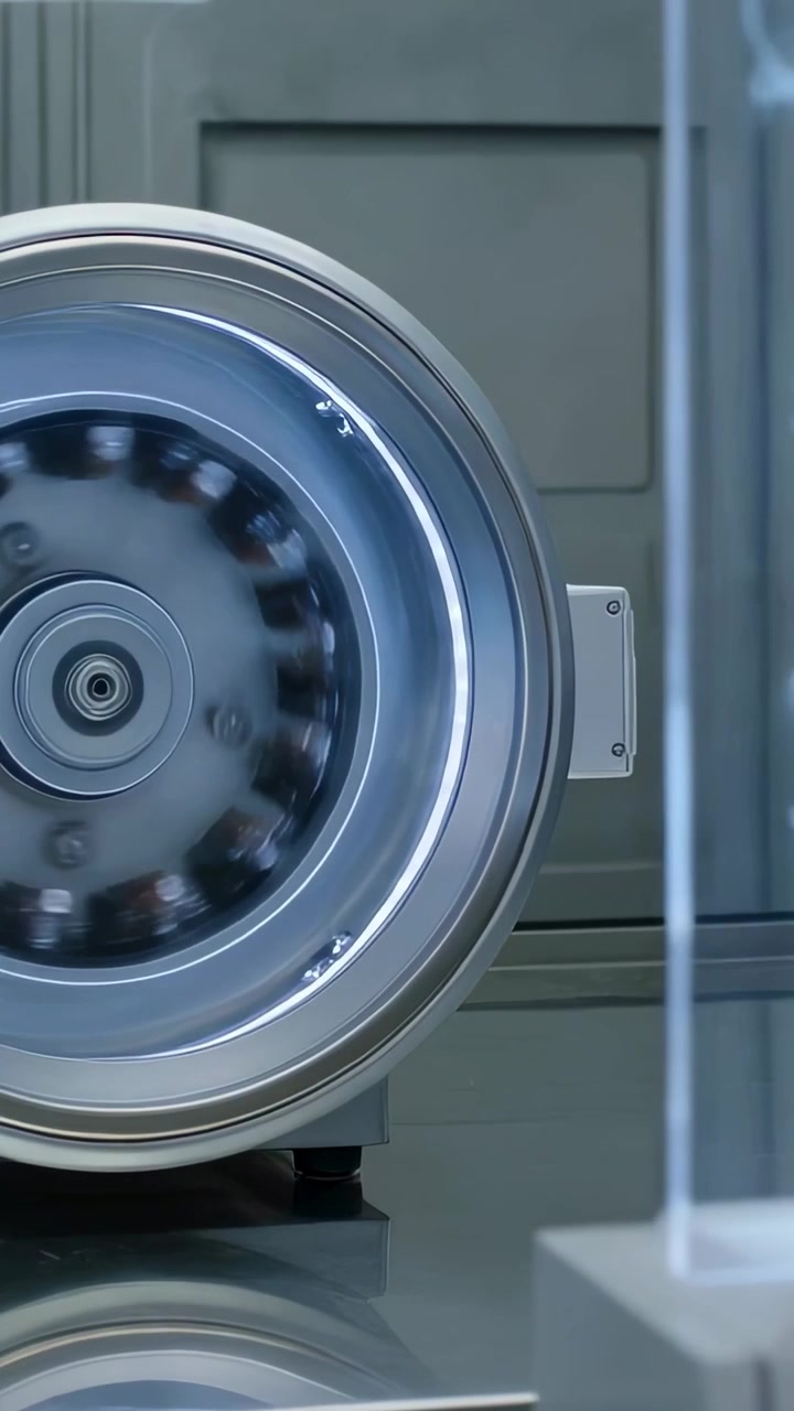 Video verticale: Rotore alimentato che gira all'interno di un armadio di prova, mostrando gli alloggiamenti per i campioni del mozzo e la lettura dei dati.