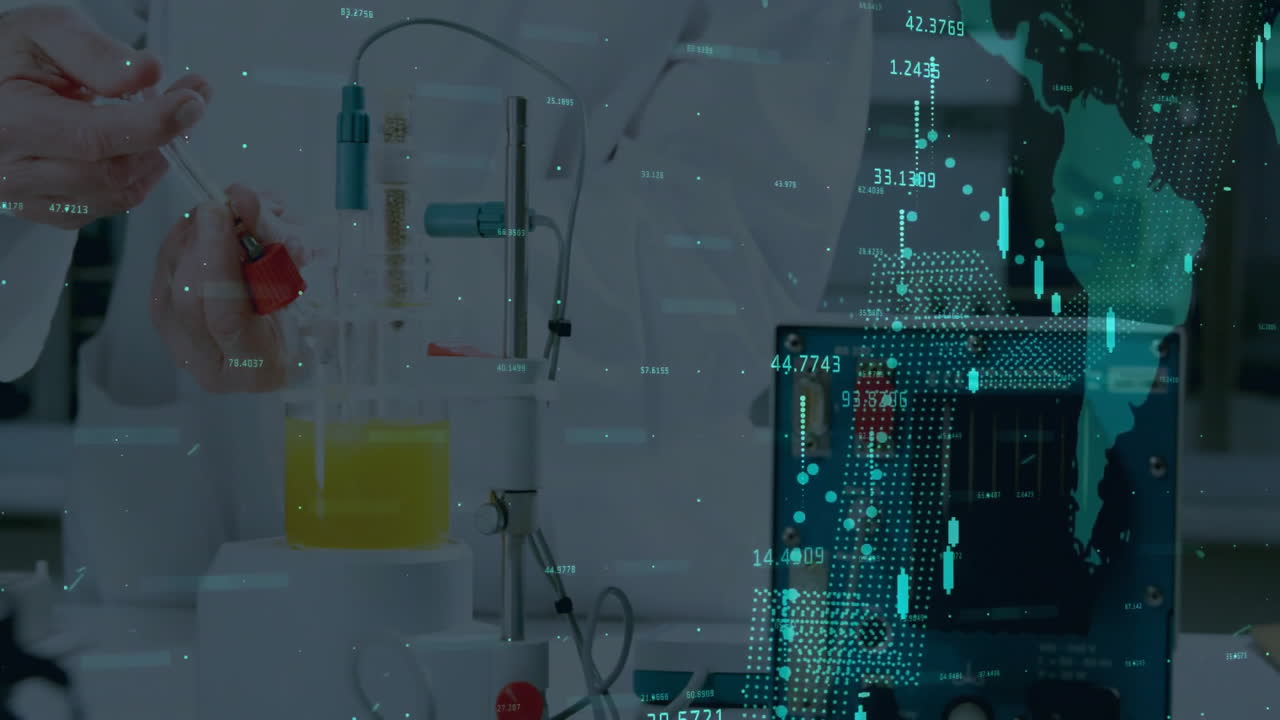 Scientific laboratory equipment with data processing animation over world map
