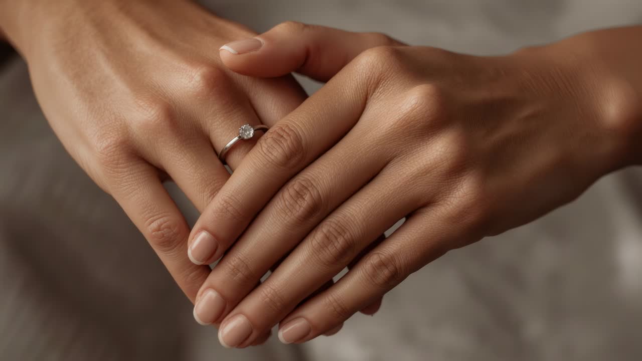 Mano destra che si sposta, mani femminili che centrano l’anello solitario per mostrarlo in camera da letto, sfondo in tessuto morbido