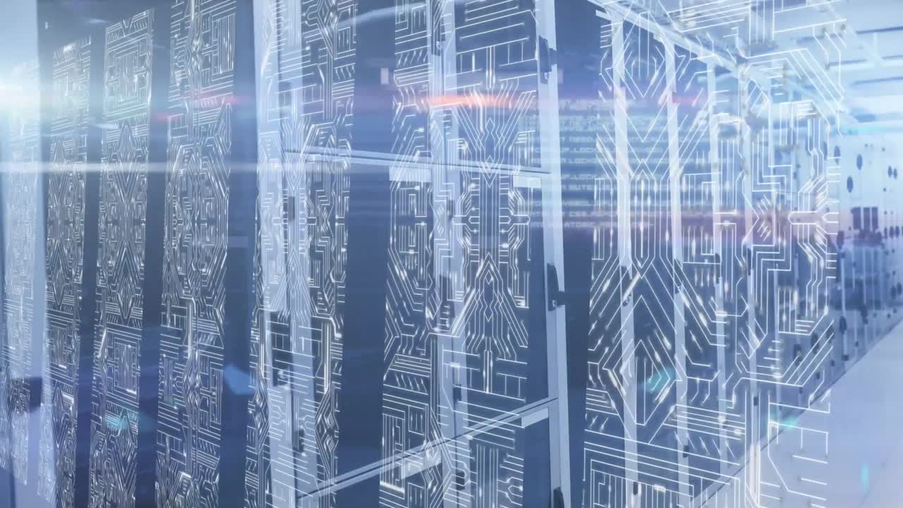 Animation of computer circuit board over server room