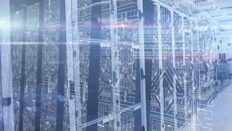 animación de la placa de circuitos de la computadora sobre la sala del servidor