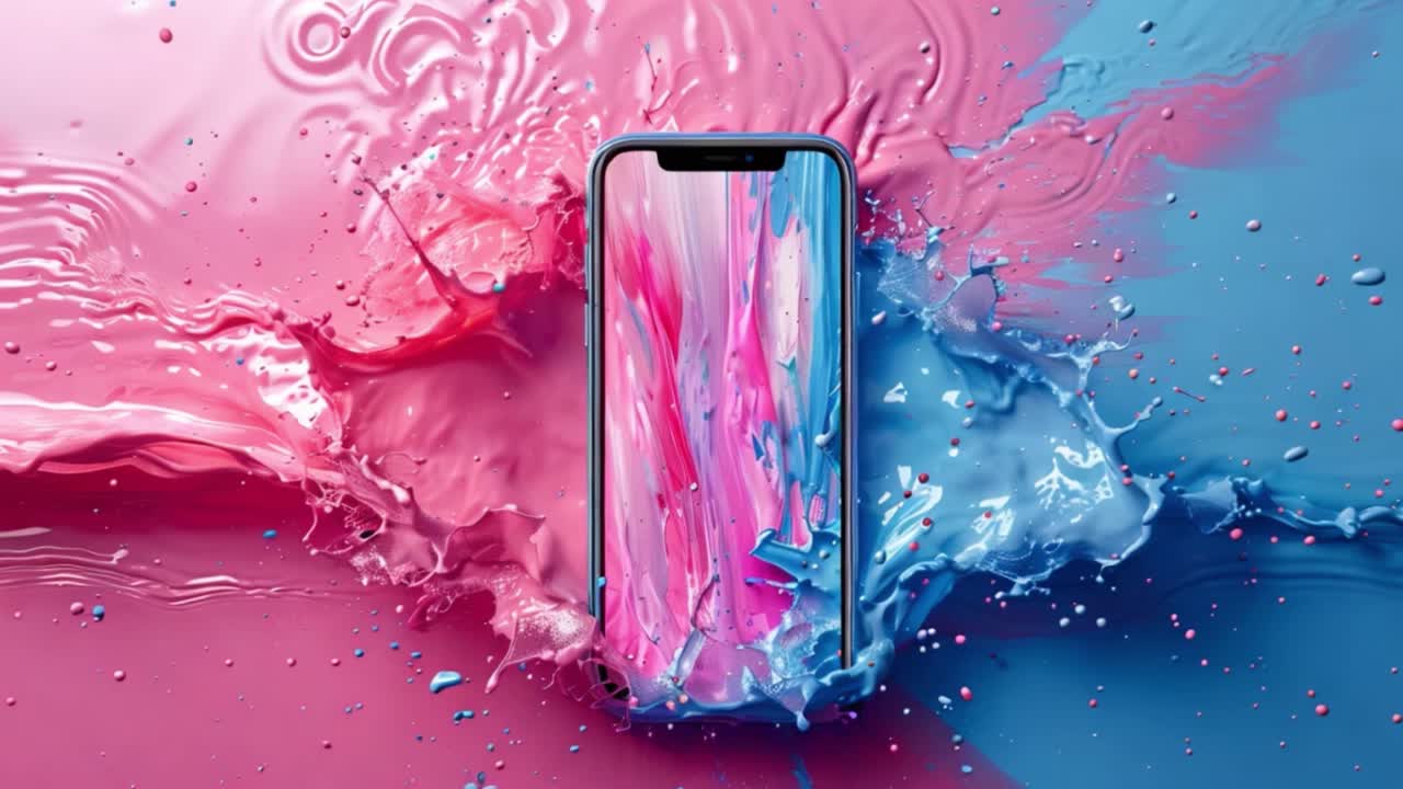 Smartphone with vibrant pink and blue liquid splashes