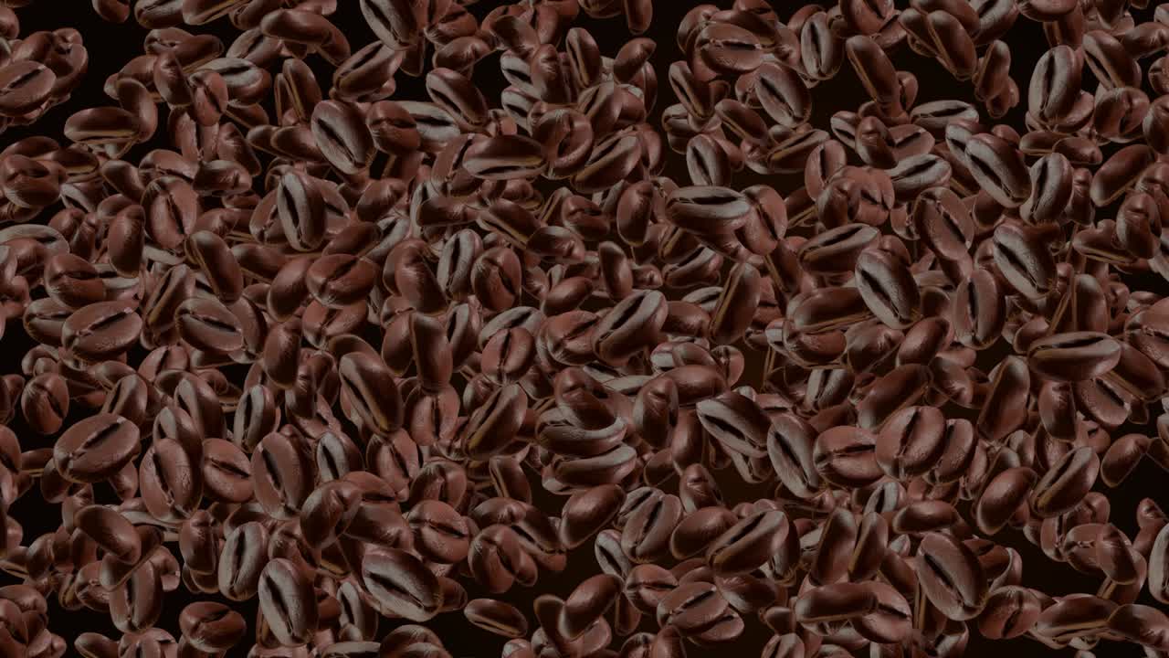 4k 3d 갈색 구운 커피 콩이 검은 루프 배경에 떨어지고 날아갑니다.