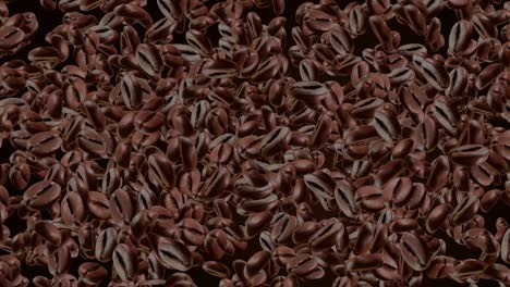 los granos de café tostados marrones de 4k 3d caen y vuelan sobre un fondo de bucle negro.