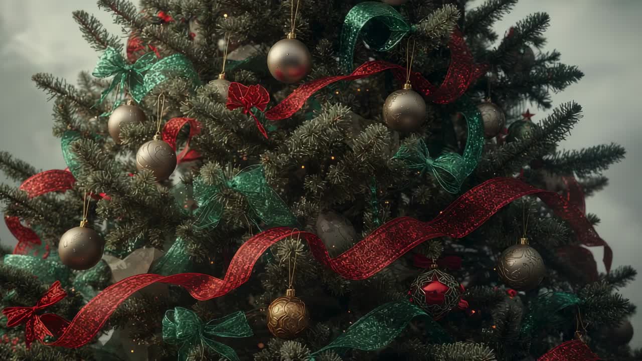 Camera panning fir tree under cloudy sky, breeze rustling ribbons, swaying baubles, fairy lights