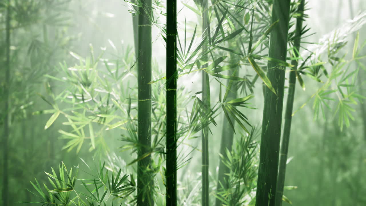 Green bamboo forest with mist creating a serene atmosphere in the morning