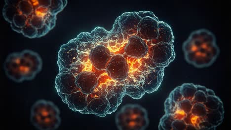 captivating visualization of cellular structures demonstrating dynamic patterns and energetic activity, highlighting the intricacies of biological entities in a dramatic environment