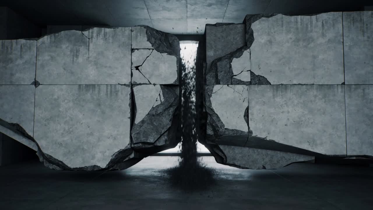 Actuators retracting concrete blocks, releasing dust and revealing portal in chamber for VFX
