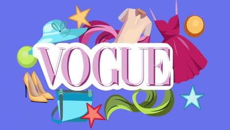 animation of vogue text and fashion accessories on blue background