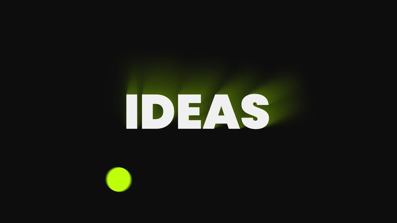 Grafica in movimento 4K creativa della parola IDEE. Illuminazione verde neon ed effetto ombra lunga e profonda in un loop perfettamente senza interruzioni per contenuti tecnologici