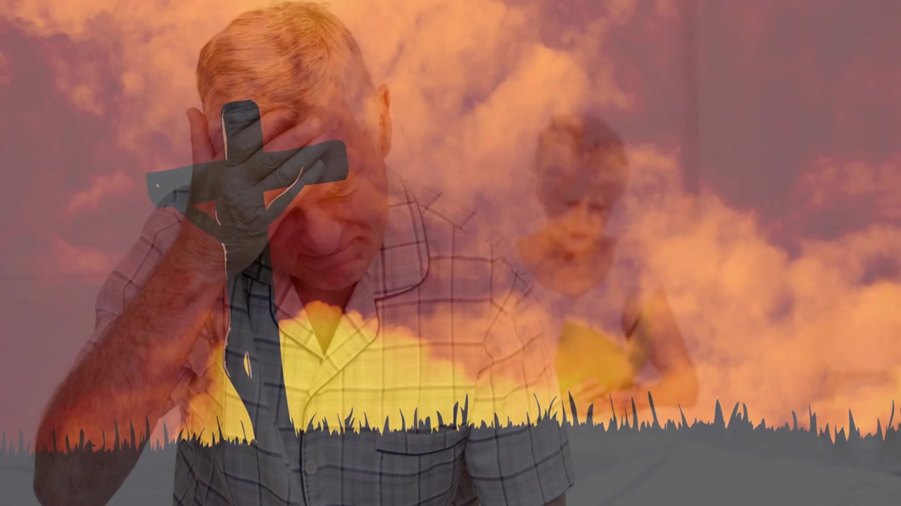 Uomo anziano seduto che alza la mano mentre un crocifisso cresce, donna che abbassa lo sguardo, elaborando il lutto per il proprio benessere.