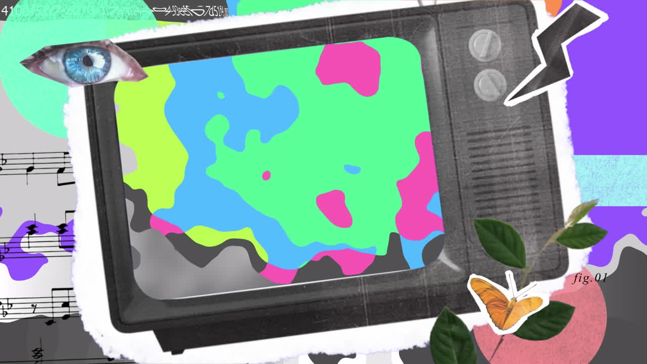 animación de un televisor retro, con barras de color distorsionadas en la pantalla y elementos de collage y fondo