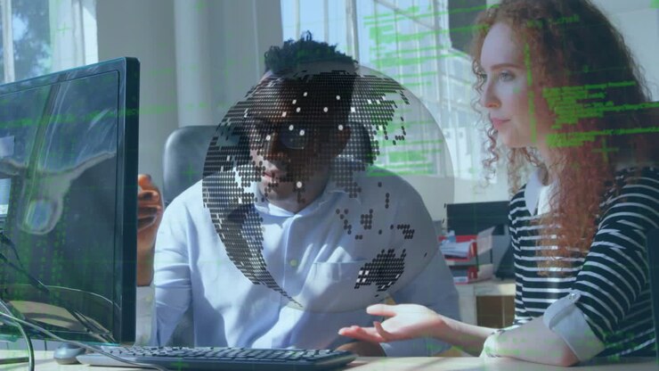 Animation of globe and data processing over business people using computer