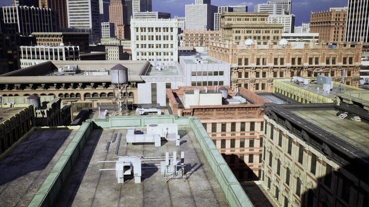 Vivid daytime perspective showcasing rooftop details and cityscape elements