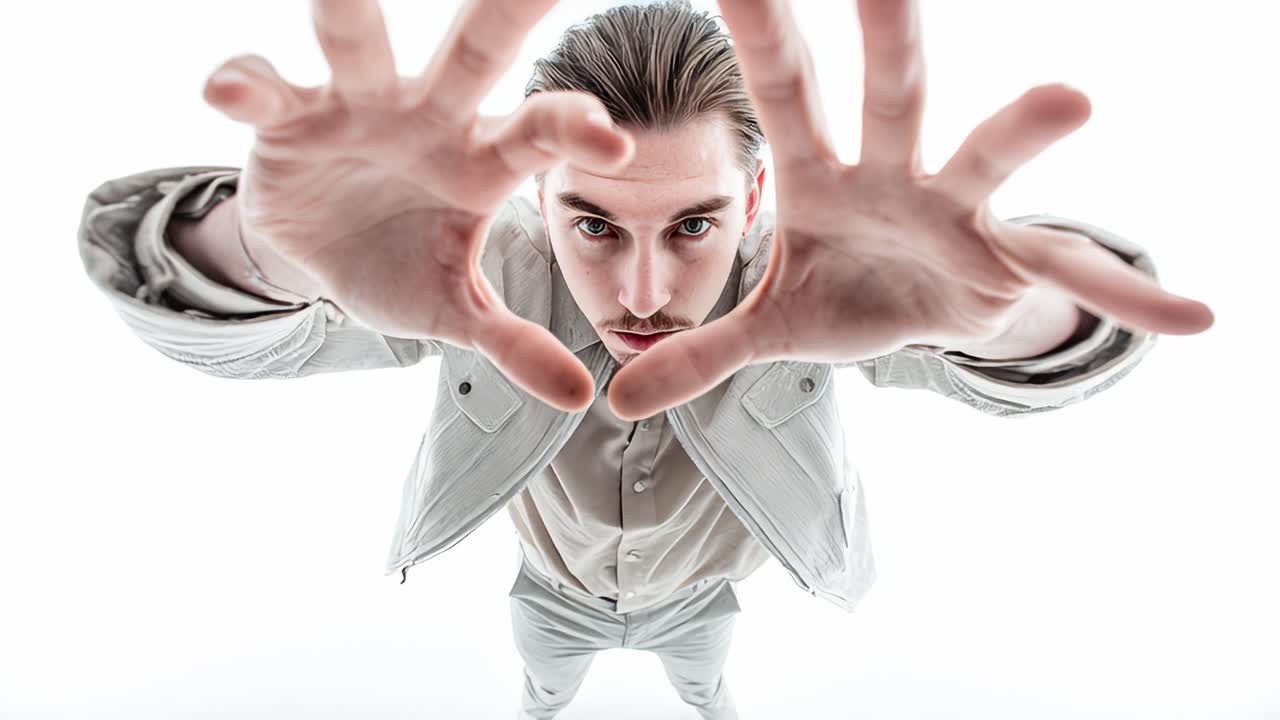 Stylish man framing face with hands in slow motion on white background
