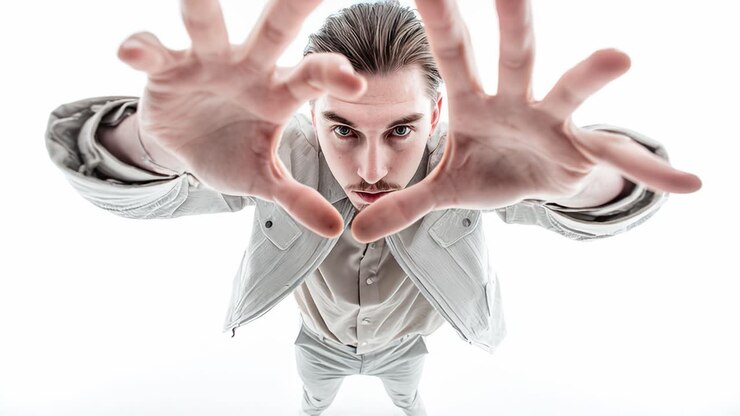 Uomo elegante che incornicia il viso con le mani al rallentatore su sfondo bianco