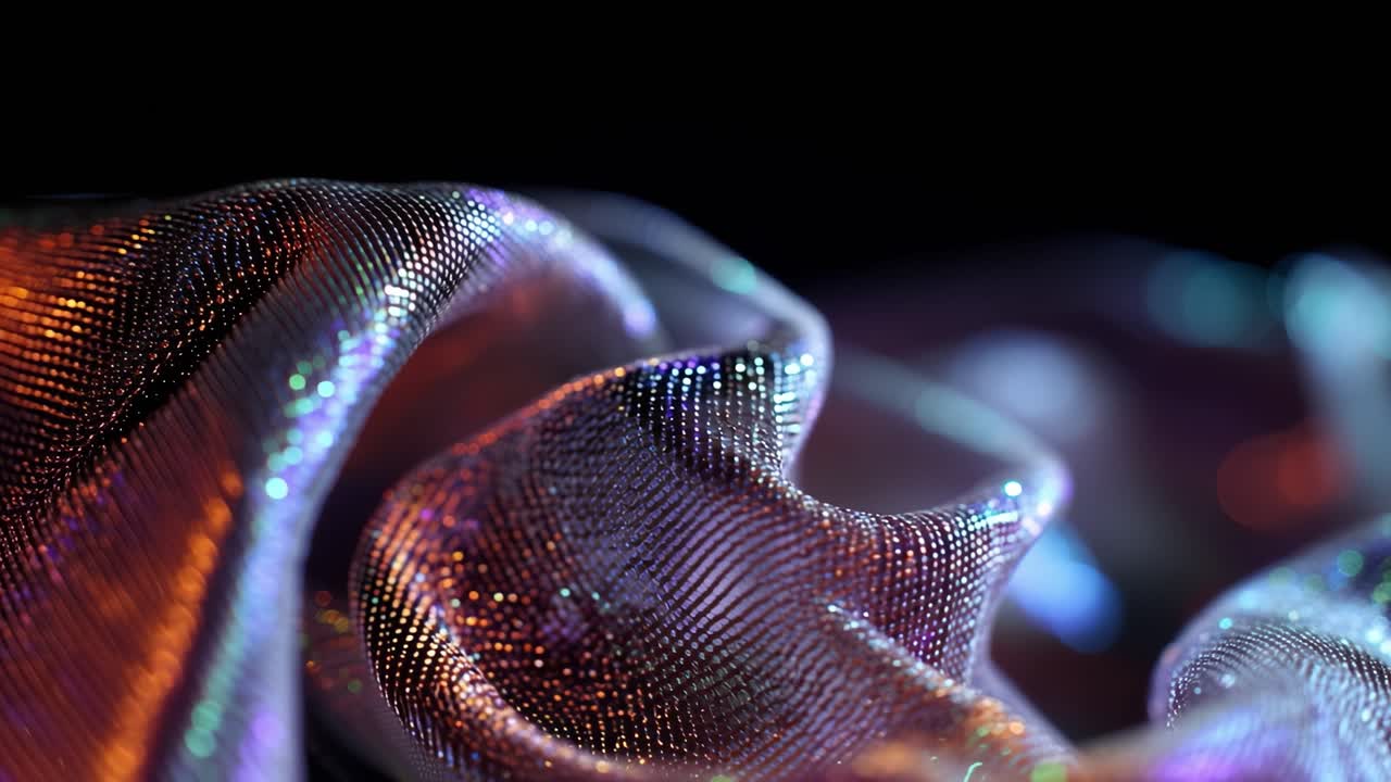 Shimmering fabric curves gracefully against dark backdrop. Iridescent surface reflects light in swirling patterns. Texture glows with soft, shifting hues of purple and silver