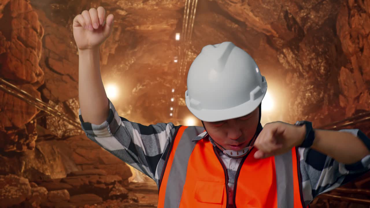 Close Up Of Asian Male Engineer With Safety Helmet Screaming Goal And Dancing Celebrating In Underground Mine Tunnel