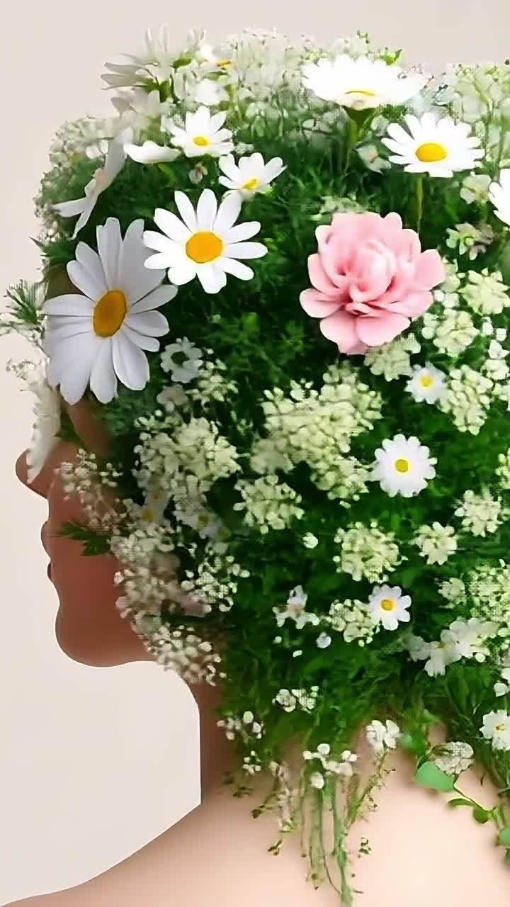 Floral head art for celebrations. A unique hairstyle with colorful flowers and greenery on the back, ideal for an artistic event.