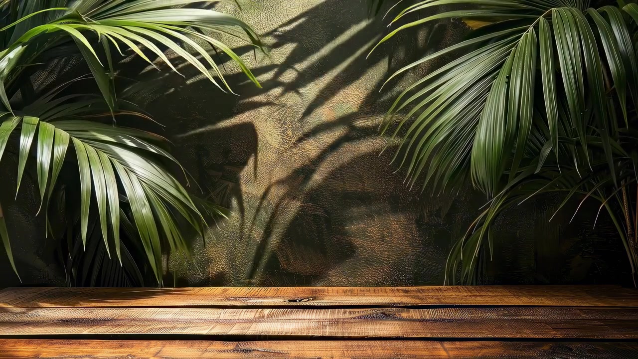 Tavolo di legno vuoto con foglie di palma tropicali e ombre del sole.
