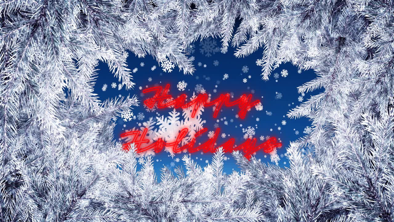 animación de ramas con árboles alrededor de copos de nieve que caen y felices vacaciones sobre fondo azul