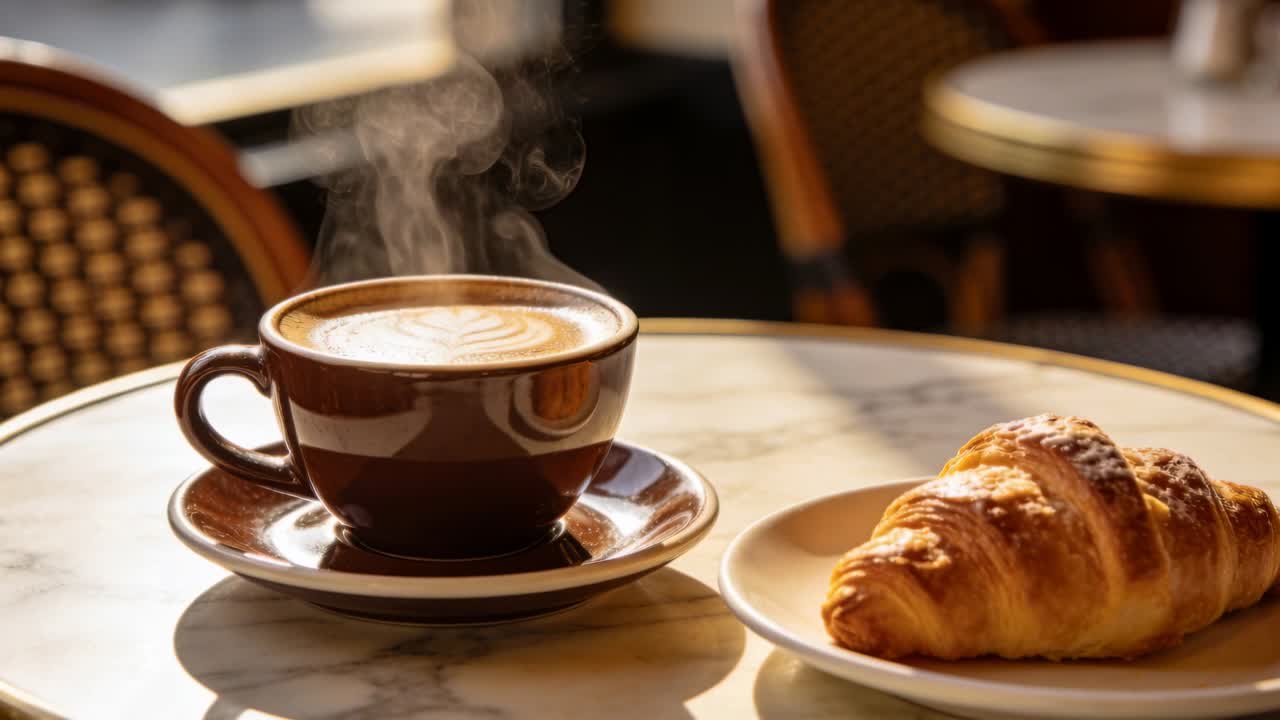 Una tazza marrone con latte art e un croissant su un tavolo di marmo, caldi, con il vapore che sale dal cibo.