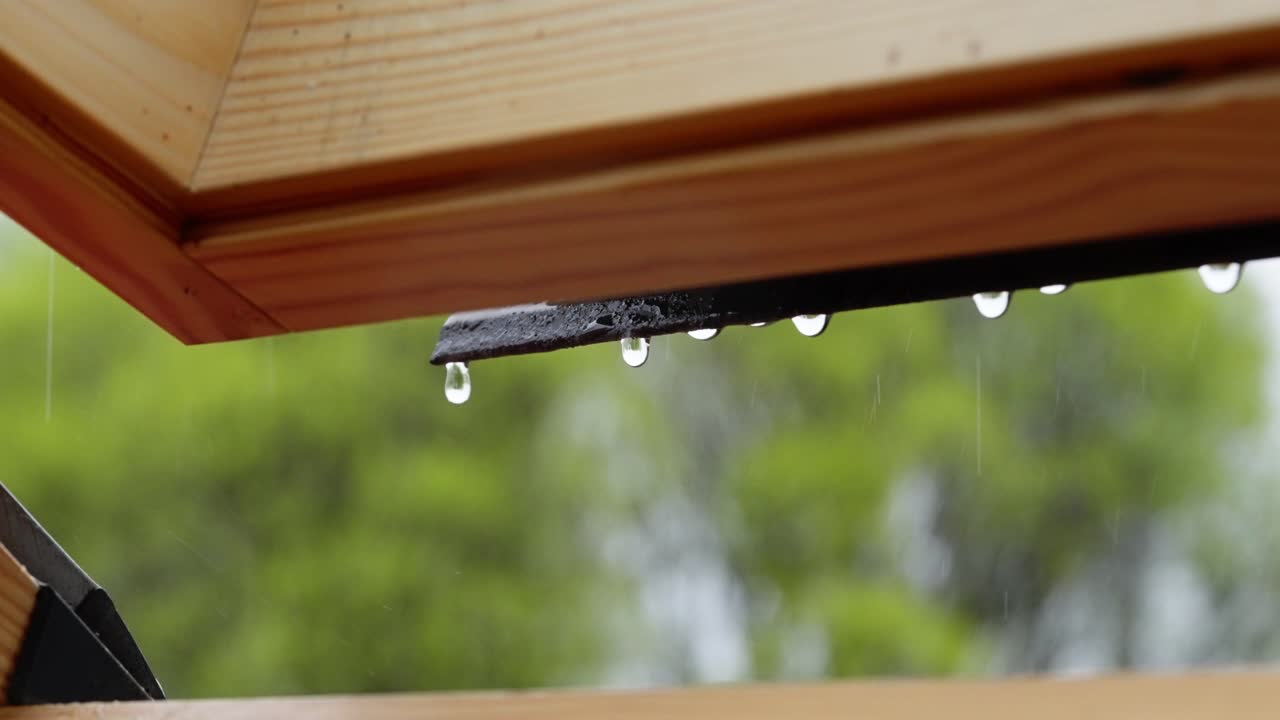 Close-up of raindrops falling off wooden surface during light rainfall in natural background, slow motion static